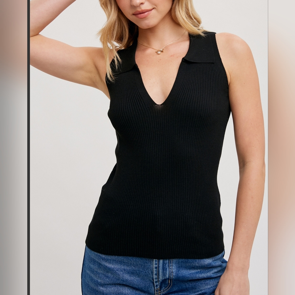 Sleeveless Ribbed Knit Collared V-Neck Top in black